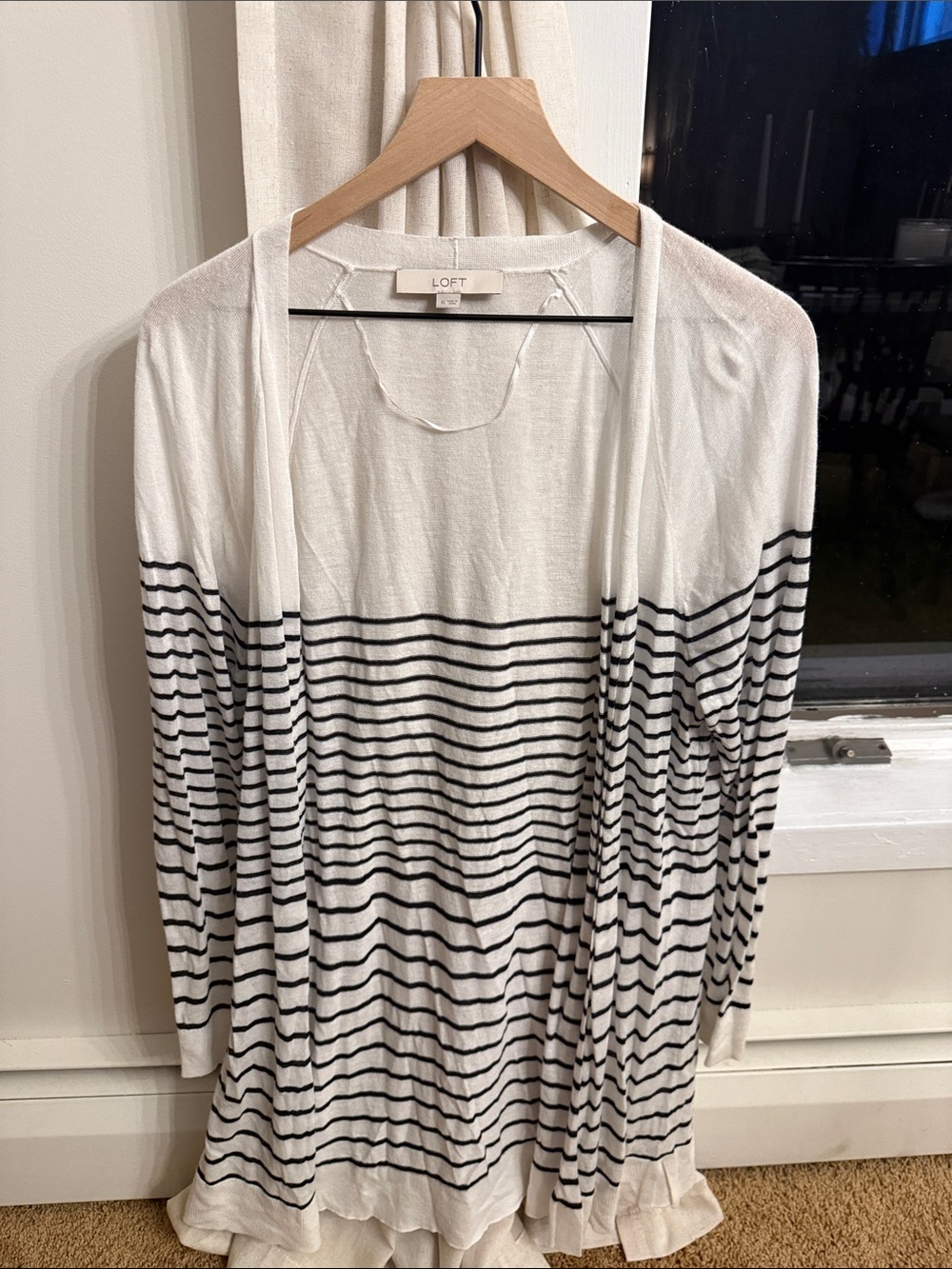 LOFT Cream and Black Striped Open-Front Cardigan